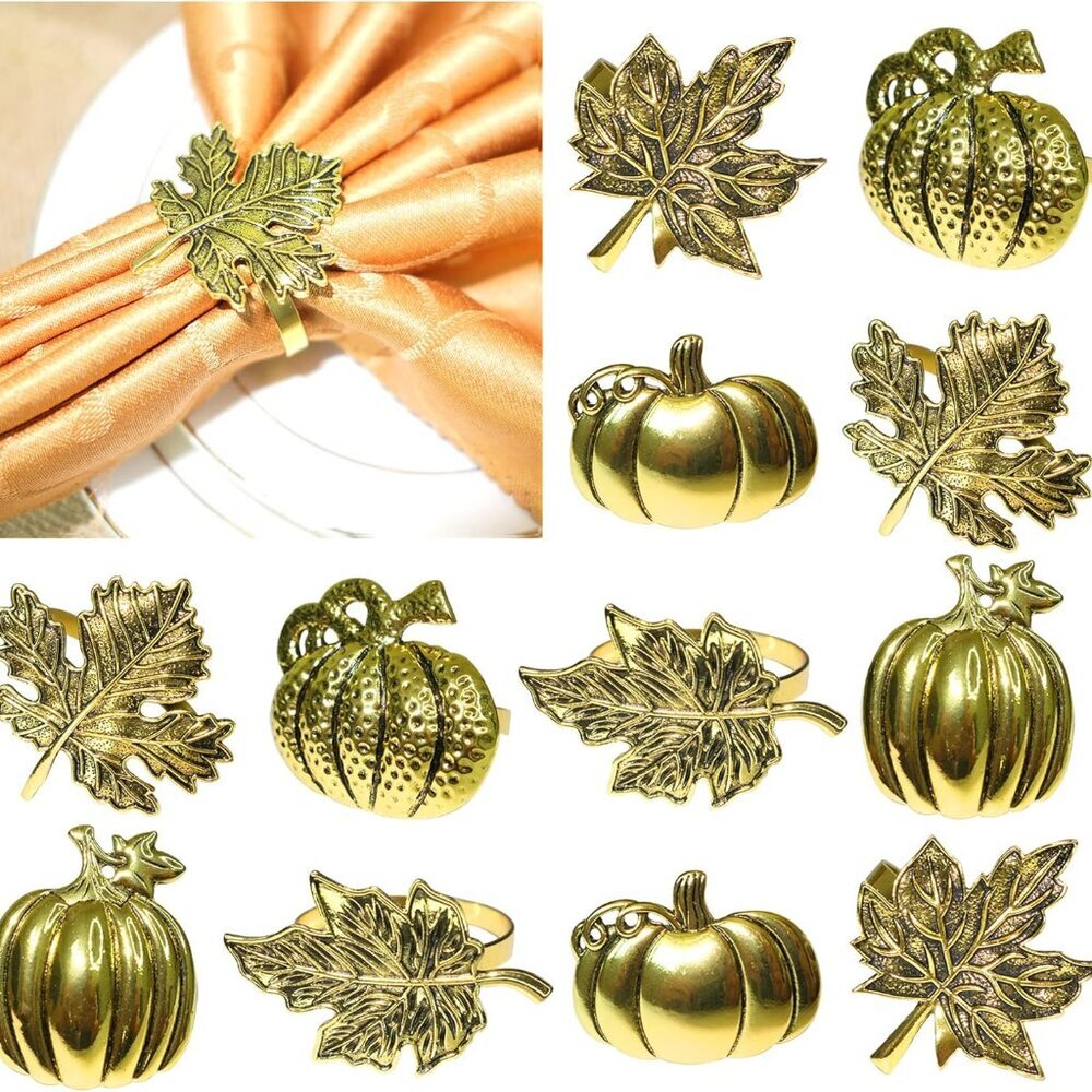 Thanksgiving Napkin Rings,Fall Napkin Ring Set of 12 Vintage Gold Metal Leaf and